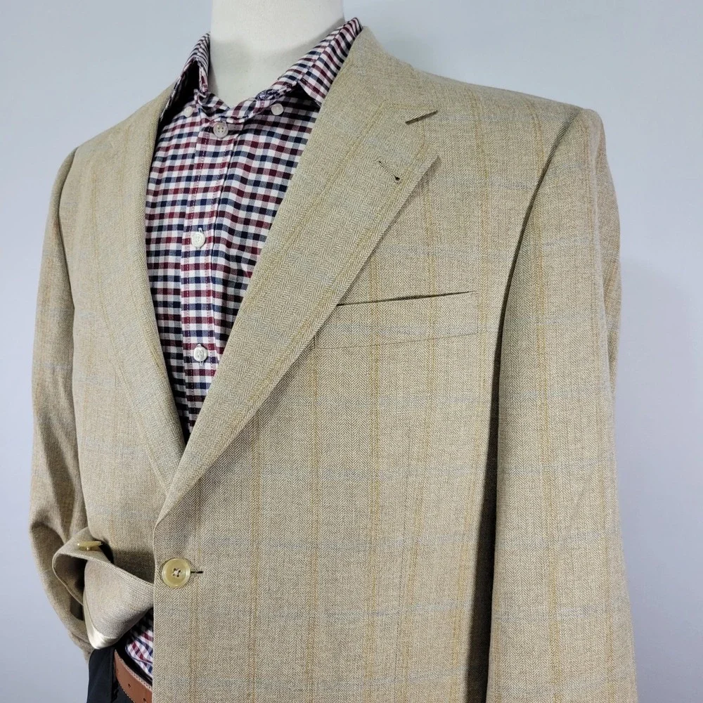 Hart‎ Schaffner Marx Men's Sport Coat Blazer Two Button Beige Plaid Size 44R